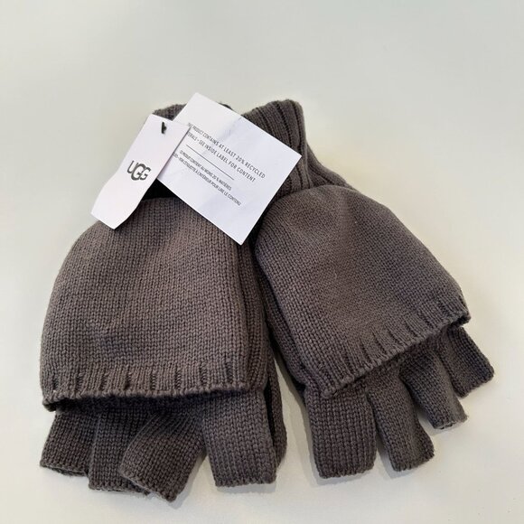 NWT UGG Mens Knit Flip Mittens Leather Palm Graphite L/XL Grey Wool Blend - Picture 2 of 11